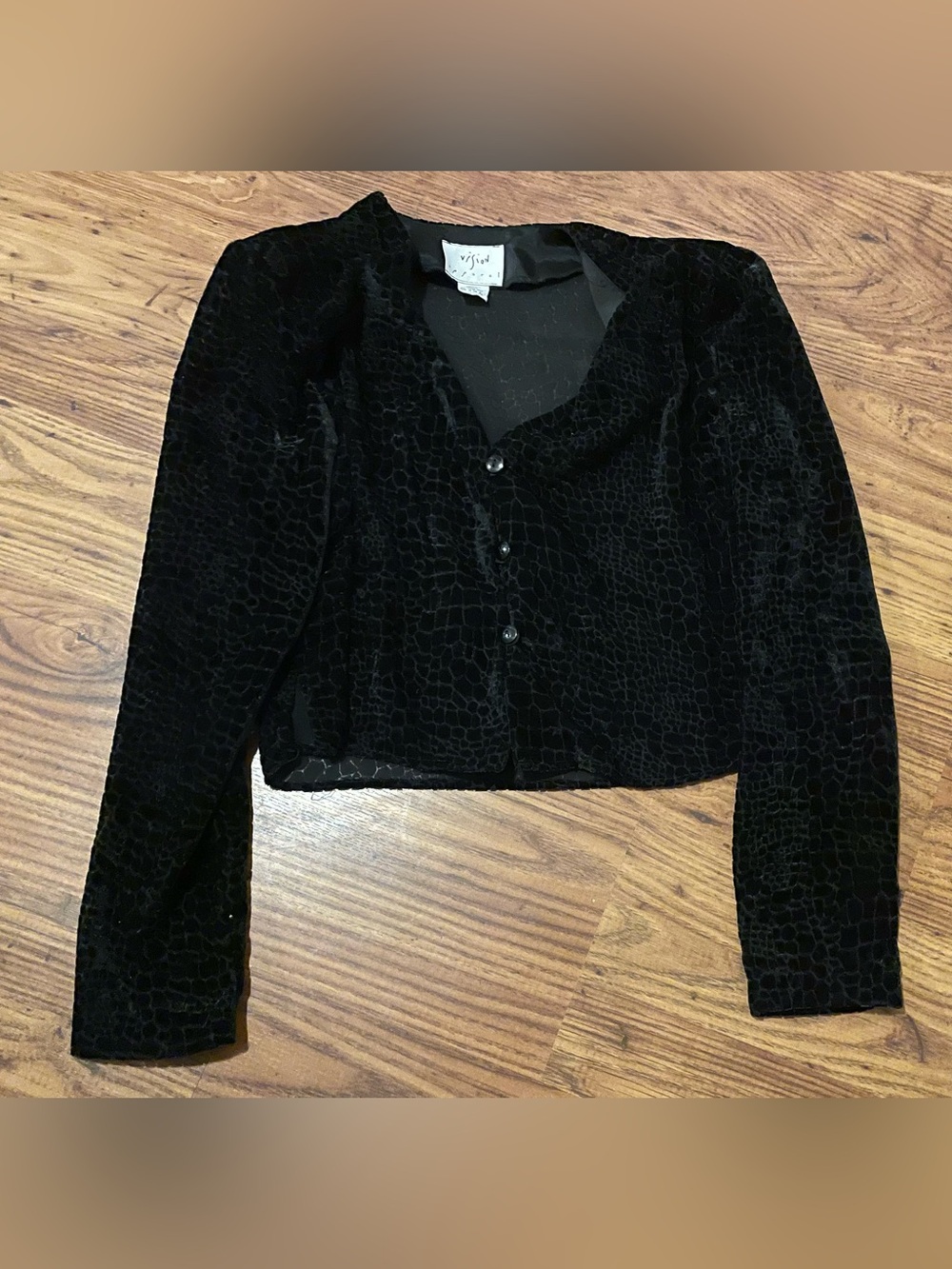 Vintage Black Velvet Burnout Snake Print Cropped Button-Up Jacket Top
